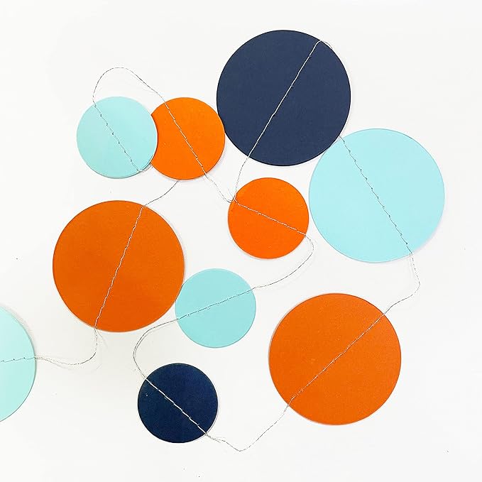 46 Ft Navy Blue Orange and Teal Circle Dots Garland Royal Blue Orange Aqua Polka Dot Hanging Paper Streamer for Birthday Wedding Bridal Baby Shower Outer Space Galaxy Theme Party Decorations Supplies