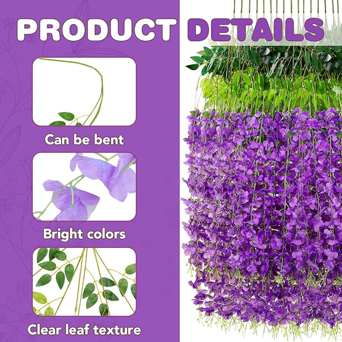 Wisteria Hanging Flowers,Fake Hanging Flowers,Wisteria artificiales Garland for Home Wedding Arch Floral Party Garden Ceremony Outdoor Decor,3.6 feet Long(36,Purple)