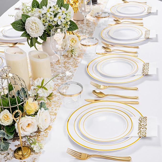 NOCCUR 700PCS Gold Disposable Dinnerware Set for 100 Guests - Include 200 Gold Dinner/Dessert Plates, 100 Napkins, 100 Cups, 300 Plastic Silverware for Wedding/Party/Thanksgiving