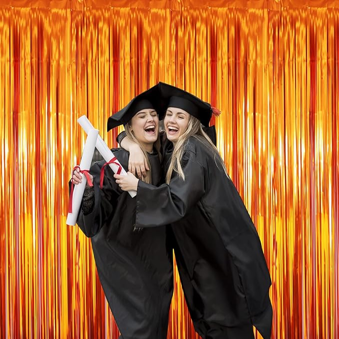 GOER 3.2 ft x 8.2 ft Metallic Tinsel Foil Fringe Curtains Party Photo Backdrop Party Streamers for Birthday,Graduation,New Year Eve Decorations Wedding Decor (4 Packs,Orange)