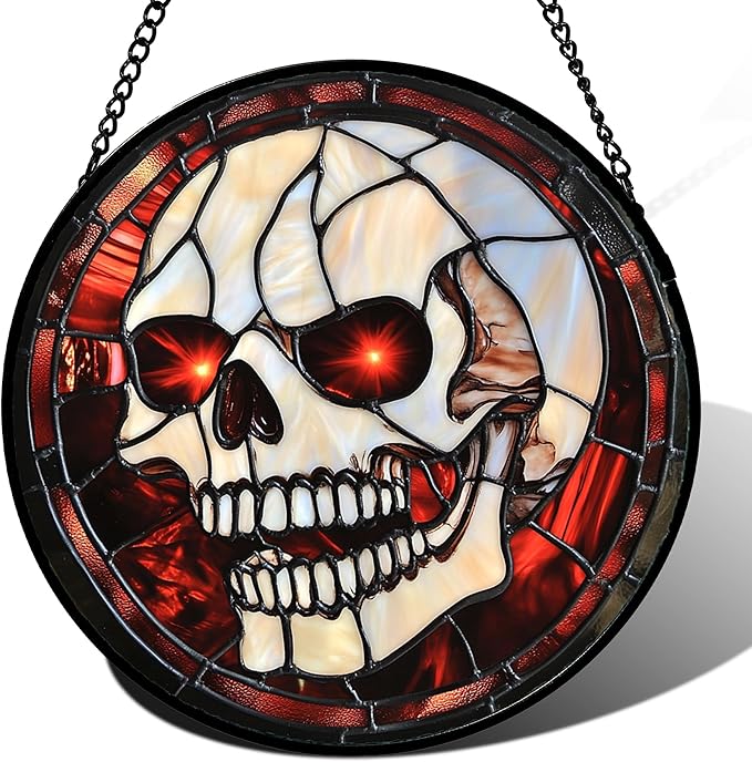 Stained Glass Window Hanging - Halloween Decorations White Skeleton Suncatcher for Doors Garden Indoor Spooky Funny Red Sun Catchers Gothic Decor Horror Gifts for Women Men Friend 7.8 in