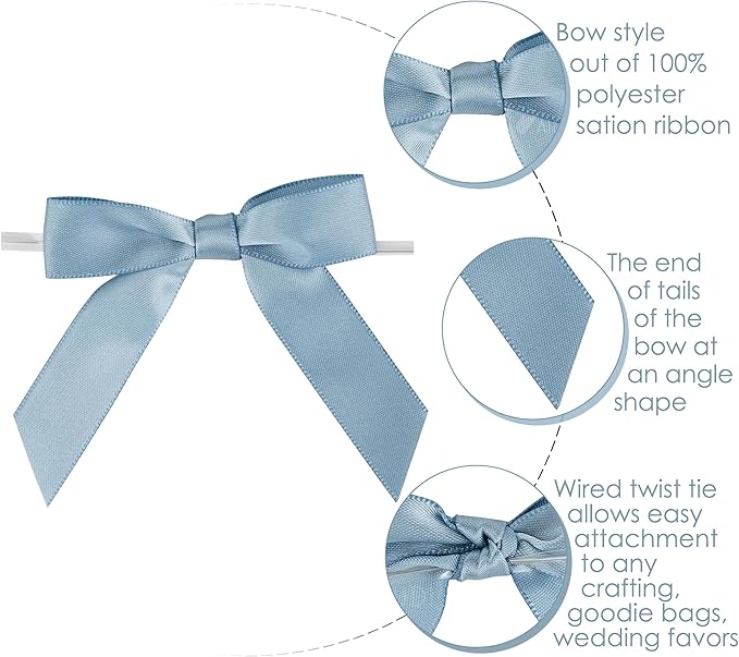 Gift Wrap Bows, 50 Dusty Blue Satin Bows with Twist Ties, 2.5 Inch
