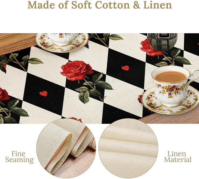 Vintage Rose Table Runner, Red Rose Hearts Black White Checkered Background Table Runner for Kitchen Dinning Table Runner Decor Home Wedding Party Holiday, 13x108 Inch
