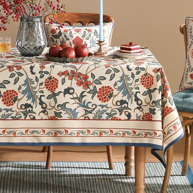 patdrea Designer Vintage Linen Long Tablecloth for Rectangle Table,French Soft Durable Floral Tablecloths,Colorful Table Cover for Kitchen Dining,Parties,Christmas,Thanksgiving,Party,63"x94"-Puno
