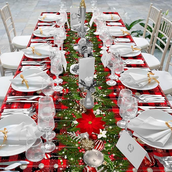 3Pcs Christmas Buffalo Plaid Snowflake Tablecloths,Plastic Red and Black Checkered Rectangle Christmas Tree Color Ball Table Cover for Winter Christmas New Year Holiday Party Decorations,54x108 inch