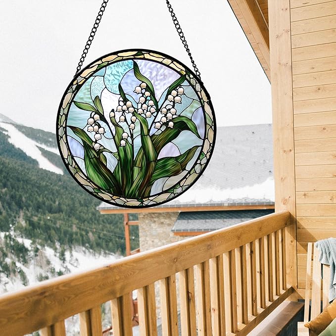 Stained Glass Window Hanging, White Green Lily of The Walley Flowers Sun Catcher for Door Home Decor Plants Suncatcher Christmas Mother's Day Birthday Gifts for Women Men Mom Nana 15 in