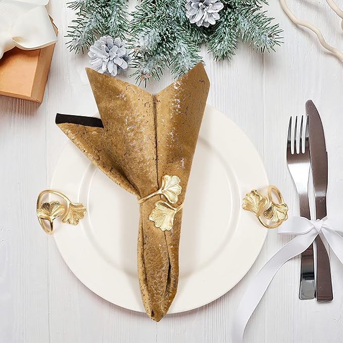 Decorative Gold Napkin Rings Set of 10 - Ginkgo Leaf Lightweight Metal Napkin Holders for Wedding Party Holiday Banquet Christmas Dinner Delicate Serviette Buckles Decor - CLEENTABLE