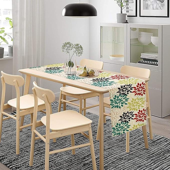 Abstract Red Dahlia Vintage Table Runner, Geometric Lines Mid Century Vintage Modern Colorful Table Runner for Party Kitchen Dining Living Room Laundry Room Decor, 13x60 Inch