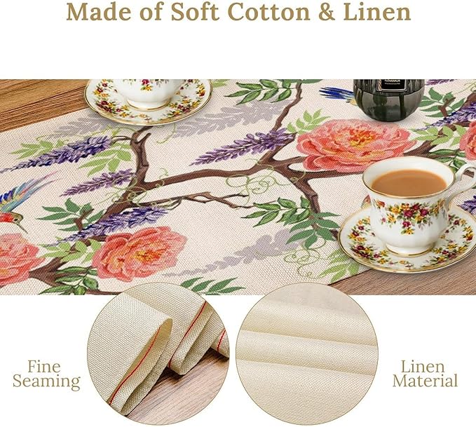 Vintage Bird Flower Table Runner Seasonal Spring Purple Wisteria Garden Plants Lavender Pink Florals Farmhouse Country Kitchen Dinner Runner Dining Table Decoration for Home Party Holiday 13"x60"