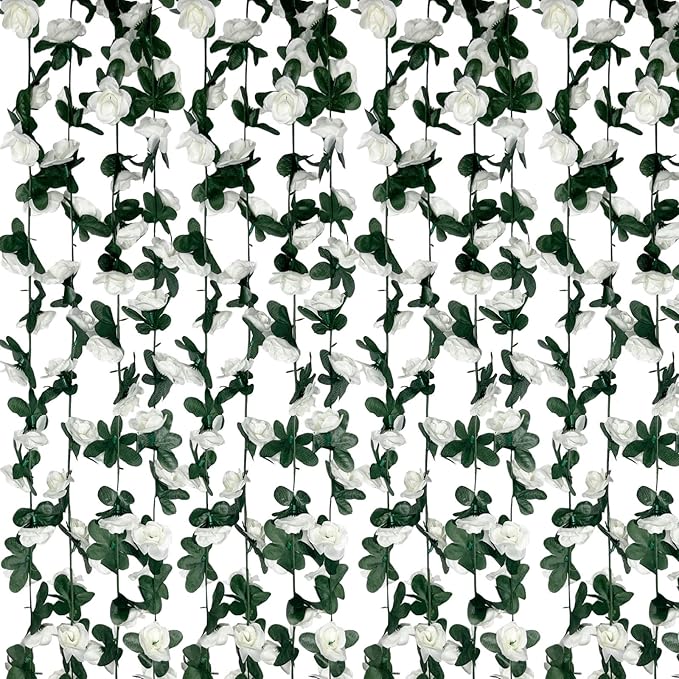 16Pcs 126Ft White Rose Garland, Fake Rose Hanging Flowers, Artificial Flower Vine, Hanging Floral Vine Garland for Wedding, Birthday Party, Wall Arch, Halloween, Christmas Garden Backdrop Decor