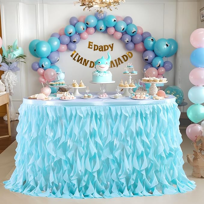 Partisky Aqua Blue Tulle Curly Willow Table Skirt for Rectangle Table 6ft, Ruffle Tutu Table Cloth for Boys Baby Shower,Birthday Party Candy Cake Tables