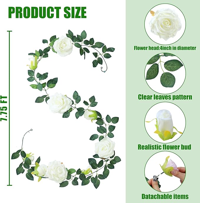 Artificial Rose Vine Garland, 4 Pack, 7.75 Ft White Silk Flowers