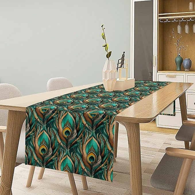 Peacock Feather Table Runner,Retro Aesthetic Green Table Runner for Home Kitchen Dining Party Indoor Outdoor Decoration 13x120 Inch