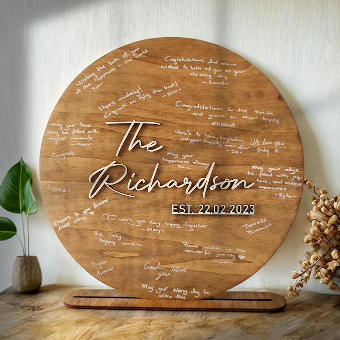 Wedding Guest Book Sign Plaque in Light Walnut Wood, Round or Lettered