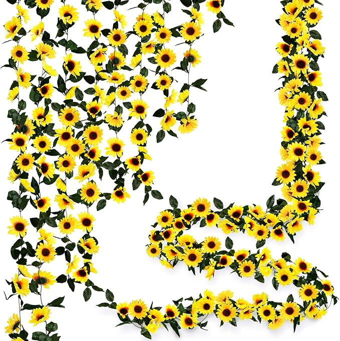 Uieke 12PCS Artificial Sunflower Garland, 7.5ft/Strand Silk Sunflowers Hanging Vines Flowers with Green Leaves for Room Kitchen Garden Birthday Wedding Baby Shower Party Table Decor Large