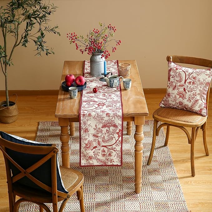 ISAENNE Designer Chinoiserie Elegant Linen Extra Long Table Runner 118 Inches,Red Floral Pattern Decor Table Runners for Thanksgiving,Dining Room,Banquet,Kitchen Tables,Christmas,12"*118"-Ruyi A