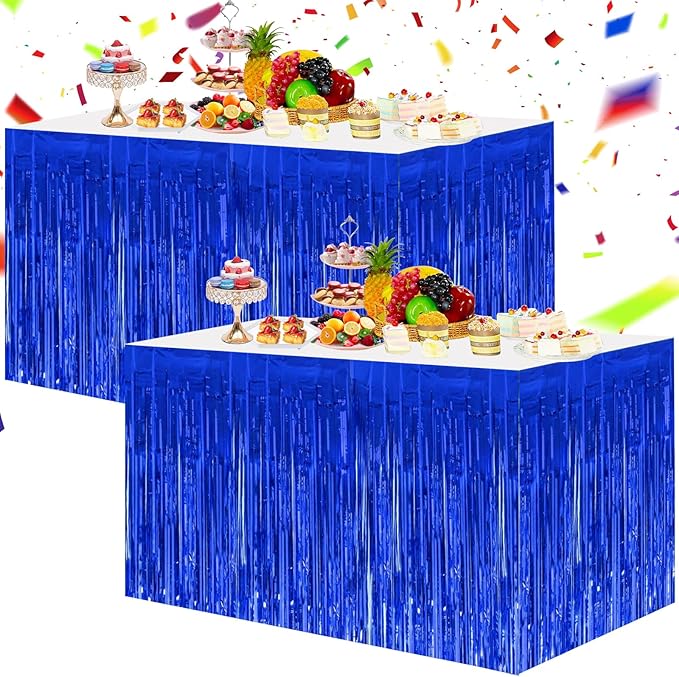 BEISHIDA 2 Pack Dark Blue Table Skirts with Metallic Tinsel Foil Fringe for Rectangle and Round Tables - Birthday & Holiday Party Decorations