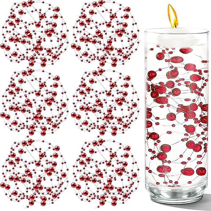 100 PCS Artificial Floating Beads for Centerpieces Vases, Red 8+3mm String Beads for Wedding Party Faux Pearl String for Decorating, String Pearls for Crafts Vase Filler