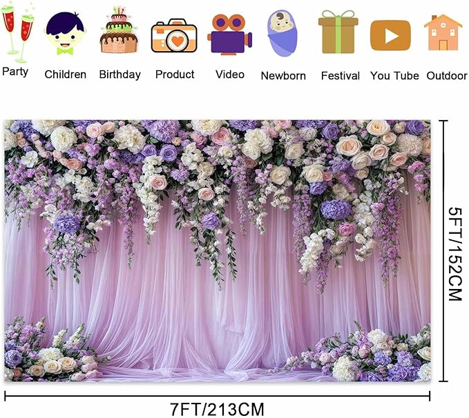 6x4ft Purple Lavender Floral Bridal Backdrop Wedding Flower Photography Backdrop for Girl Portrait Baby Shower Birthday Party Decor Banner Mother's Day Party Wall Backdrop Studio Photo Backgrounds
