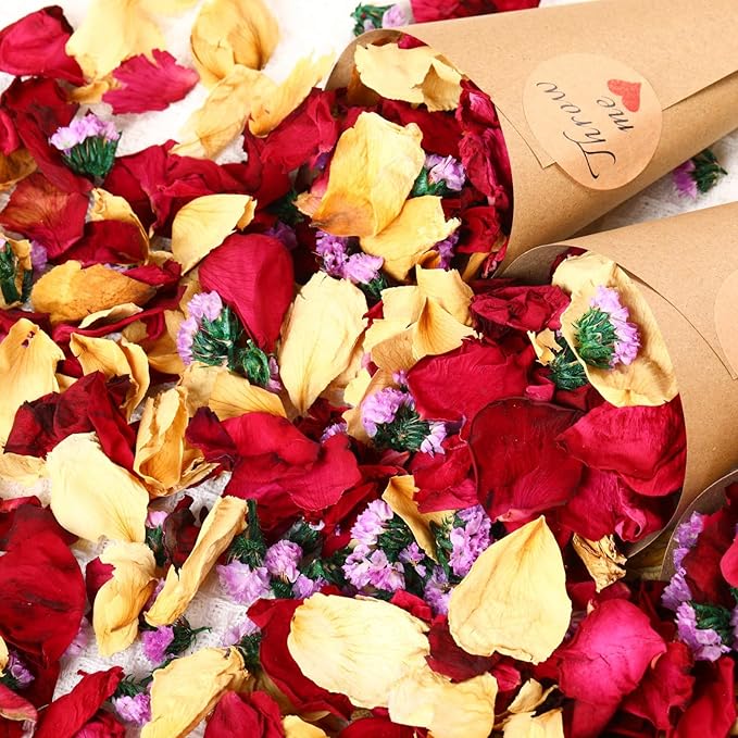 20+ Cups Real Dried Flower Petals, Biodegradable Wedding Flower Confetti, Mix Rose Petals and Purple Static Flowers for Engagement, Valentine's Day, Bath, Flower Girl Party Dinner Table Decor