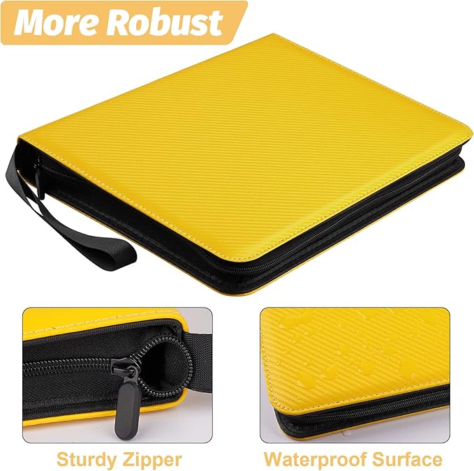 4 Pocket Card Binder, Premium Zip Trading Card Binder, 400 Double Sided Pocket PU Card Collection Binder, Collector Card Album, Card Folder for MTG, TCG, Sports Cards, Game Cards (Yellow)
