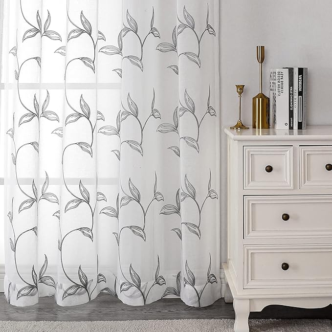 VISIONTEX Sheer Curtains 84 Inch Length 2 Panels, Decor Iron Grey Vine Leaves Embroidery on White Voile Pair, Accent Semi Window Drapes for Kitchen, Living Room and Bedroom, 54" W x 84" L