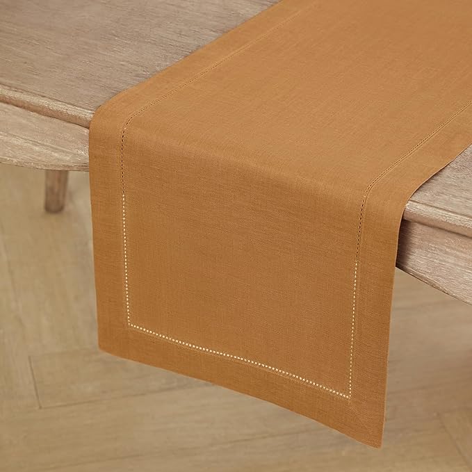 Solino Home Linen Table Runner 60 Inches - 100% Pure Linen Brown Sugar Hemstitch Table Runner 14 x 60 Inch Ideal for Dresser and Coffee Tables - Fall, Thanksgiving - Classic Hemstitch