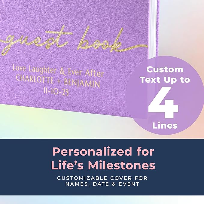 Guest Book for Party, Lavender Purple with Vegan Leather Cover, 110 Lined Pages