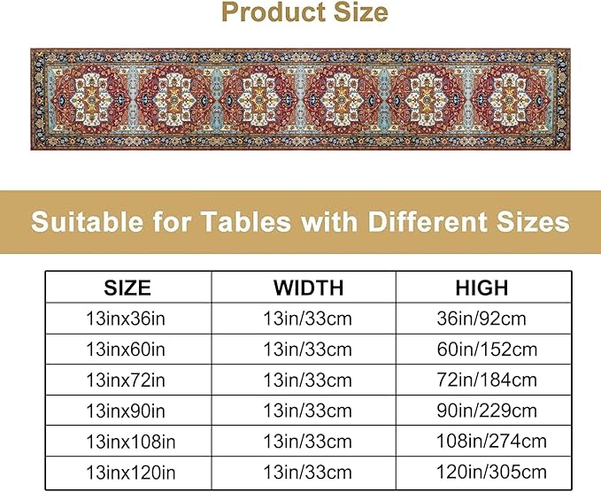 Vintage Boho Floral Table Runner, Rustic Country Farmhouse Red Blue Gold Retro Flower Pattern for Home Kitchen Table Decor Dining Coffee Room Party Decor 13x120in