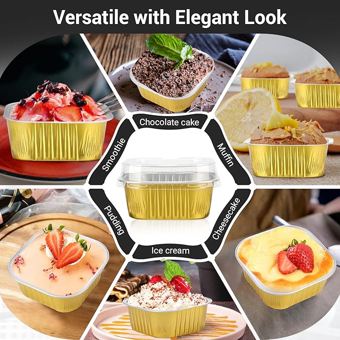 Baking Cups with Lids, Gold Aluminum Foil, 300 ml, 50 Count