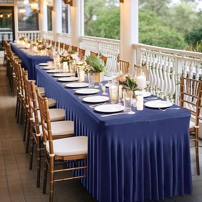 Wish Care 2 Pack Navy Blue Stretch Spandex Table Clothes for 6 Foot Rectangle Tables, 6FT Wrinkle Free Fitted Tablecloths Ruffles Design Table Cover for Party, Banquet, Wedding and Events