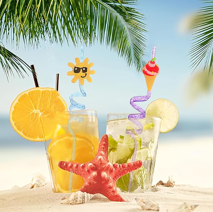 Straws, 24 Count Reusable Glitter Beach Design for Summer Parties