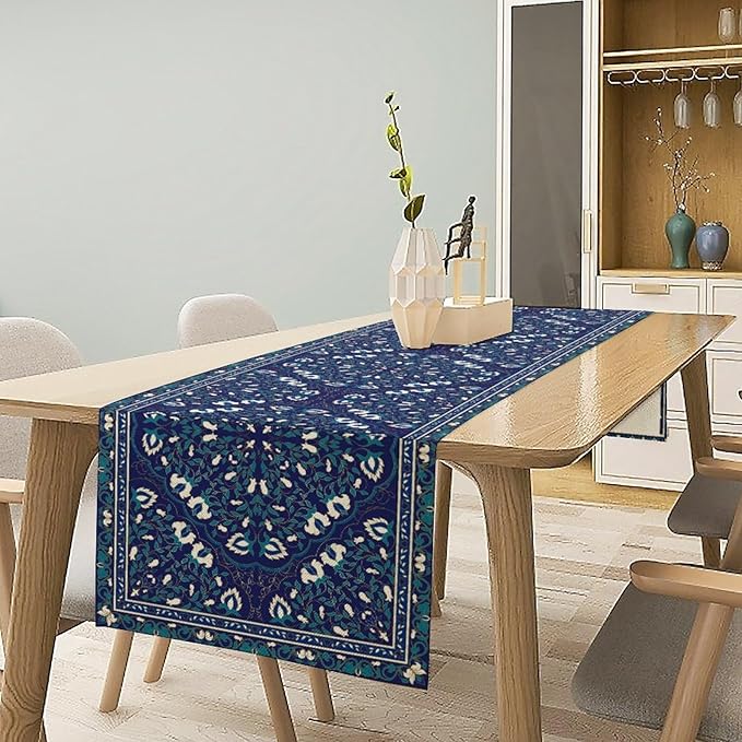 Boho Floral Vintage Table Runner, Retro Morris Abstract Blue Flower Rustic Country Farmhouse Pattern for Home Kitchen Table Decor Dining Coffee Room Wedding Party Decor 13x72in