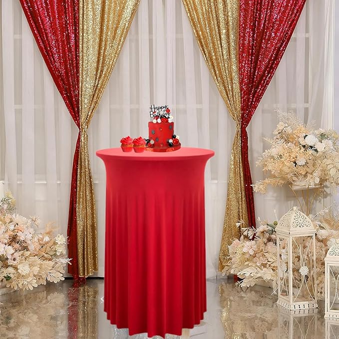 Albassa 2 Pack Cocktail Table Covers 32"x 43" Spandex Stretch Round Cocktail Tablecloths with Wavy Drapes Fitted High Top Bar Table Skirts for Wedding Party Banquet (Red, 2 PCS)