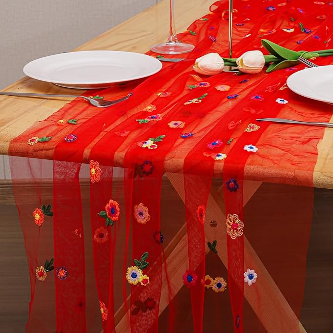 BINBE 1pcs Daisy Fall Table Runner Embroidery Gauze 10FT Florals Seasonal Tulle Holiday Birthday Kitchen Dining Table Decor for Home Party Red