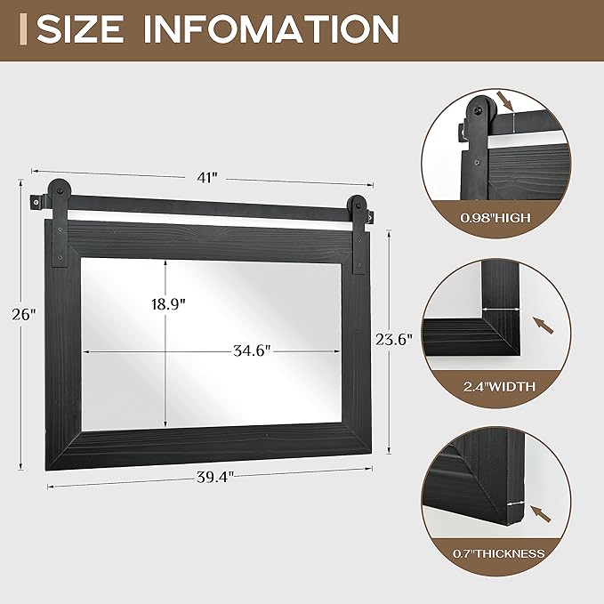 COGOOD Farmhouse Barn Door Mirror - 41" x 26" Rustic Wood Framed Wall Mirror for Bathroom, Living Room, Entryway Wall Decor (Black)
