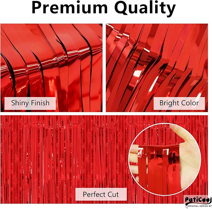 Red Metallic Streamers 3.2 x 8.2 FT, 4 Pack with 23μm Thick Film