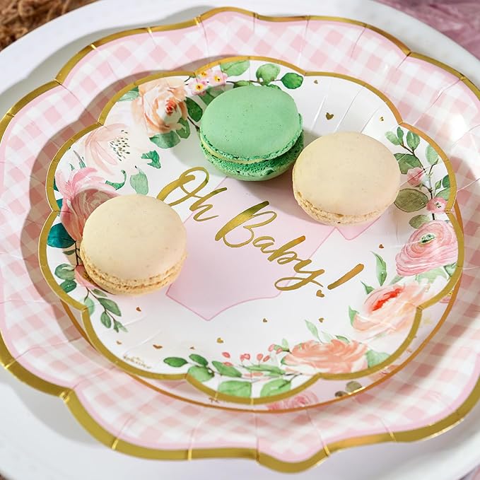 Kate Aspen Baby Shower Onesie Pink Floral & Gingham Tableware Set - 62pc. 16pcs 7 inch & 16pcs 9 inch Heavy Duty Disposable Party Plates, 30pcs 6.5 inch Durable Paper Napkins