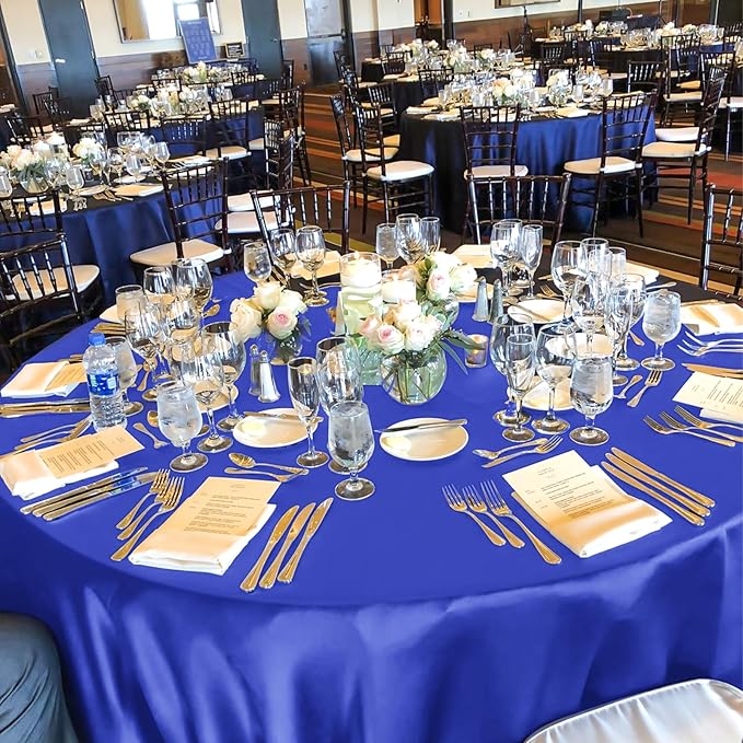 fani 12 Pack 120 Inch Royal Blue Satin Tablecloth - Silky Round Tablecloth Overlay Smooth Fabric Table Cover, Bright Table Decoration for Wedding Party Banquet Events Restaurant Kitchen Dining