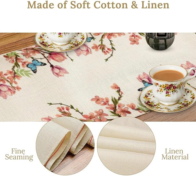 Spring Floral Bird Table Runner, Watercolor Pink Flower Plants Nature Butterfly Table Runner for Kitchen Dinner Living Room Home Party, 13x60 Inch