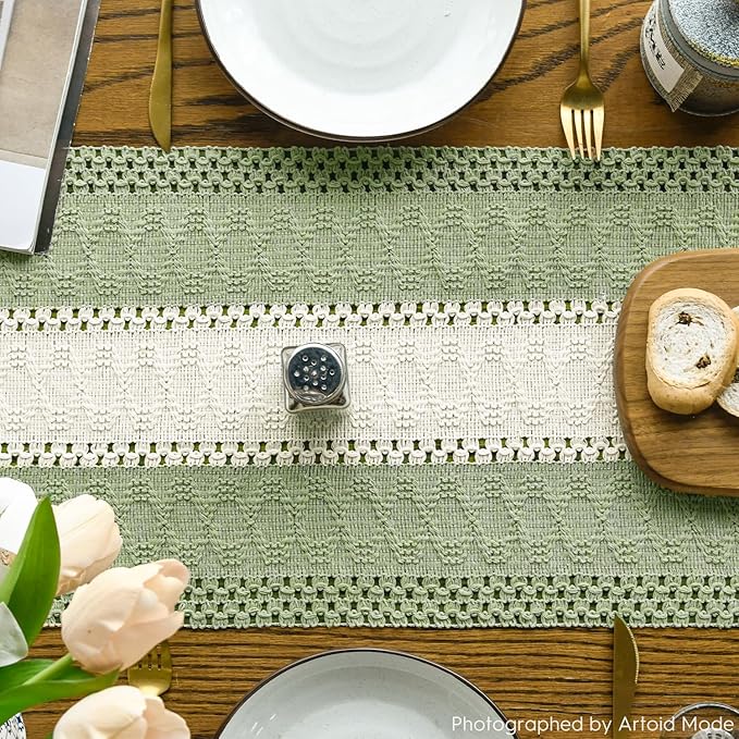 Artoid Mode Light Green Farmhouse Rustic Table Runner, Seasonal Hollow Kitchen Dining Table Decoration for Home Party Decor 12x36 Inch