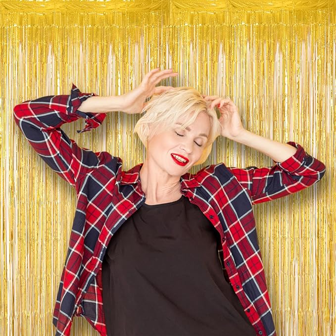 2 Pack Laser Gold Tinsel Foil Fringe Curtains, Gold Party Decorations, Metallic Tinsel Party Streamers Backdrop for Birthday Baby Shower Graduation Wedding New Years Party Decorations