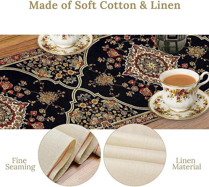 Vintage Boho Floral Table Runner, Rustic Country Farmhouse Black Bohemia Flower Pattern for Home Kitchen Table Decor Dining Cafe Room Wedding Party Decor 13x108in