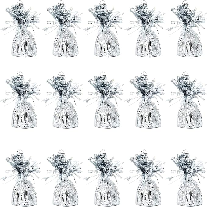 Silver Balloon Weights with Hooks, 15-Pack, Fringed Mylar Top