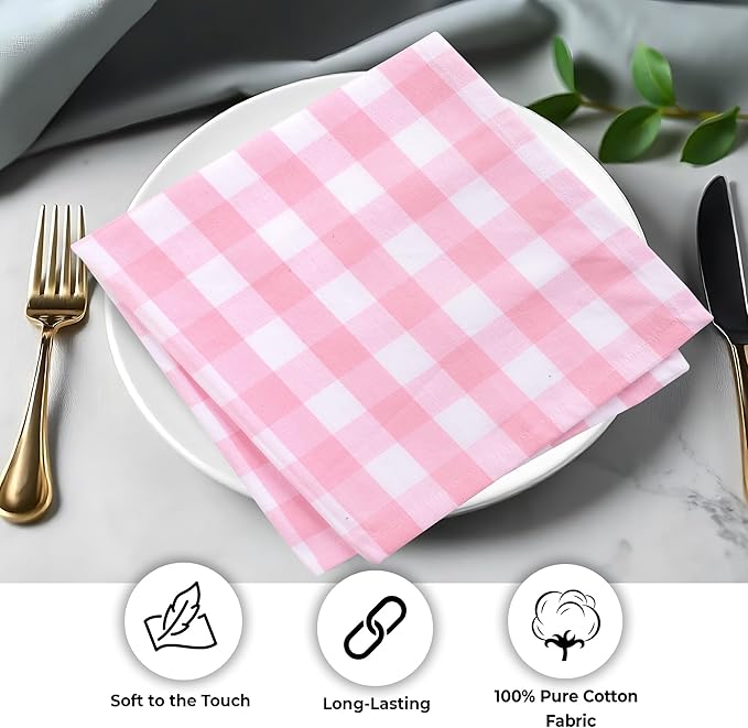 Cloth Dinner Napkins, 100% Cotton Checkered Pink, 20 x 20 Inch