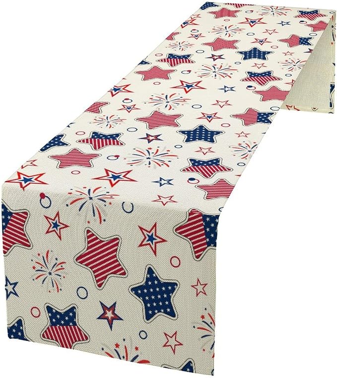 4th of July Table Runner, American Patriotic Independence Day Red Blue White Stars Stripes Fireworks Print Table Runner for Home Party Decor Kitchen Dining Table, 13x60inch
