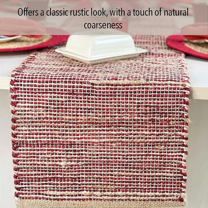 Chardin home Natural Jute Table Runner 13x72 Inch – Vintage Boho Rustic Table Decor – Handwoven Table Runner in Natural Jute and Red – Farmhouse Dining or Console Table Accent