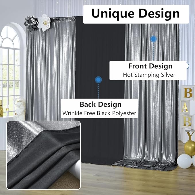 40x10 ft Wrinkle Free Black Silver Sequin Backdrop Curtain for Parties,Thick Not Fall Glitter Wedding Backdrop Drapes,8 Panels 5x10ft Shimmer Photo Back Drop Cloth for Birthday Photography Background