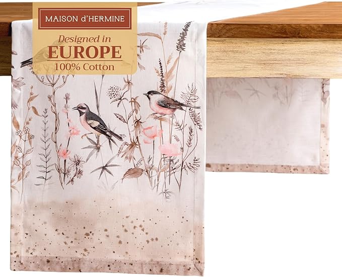 Maison d' Hermine Table Runner 100% Cotton Single Layer Table Runners 108 inches Long Decorative for Home Dining Party Wedding Bridal Shower Spring Summer (Meadow Florals - Brown, 14.50" x 108")