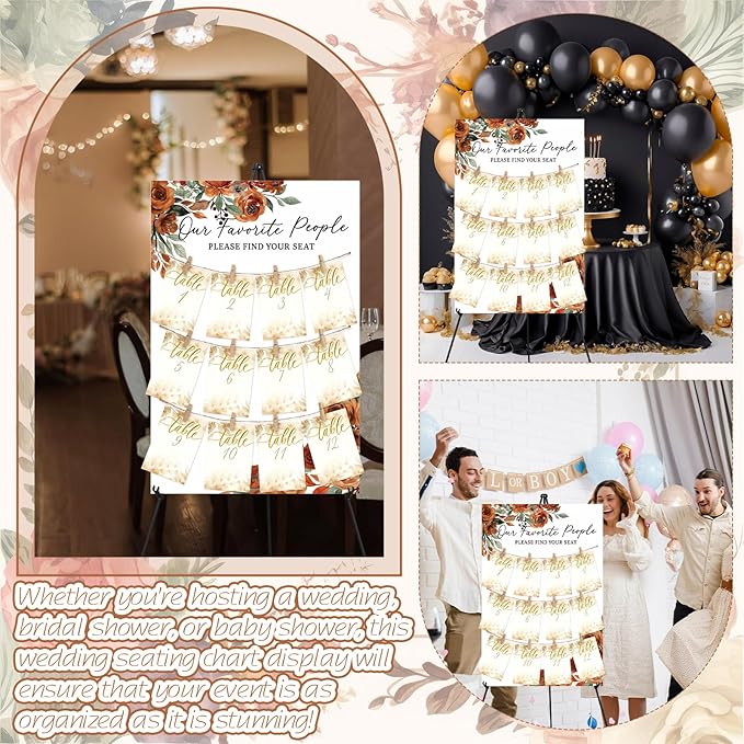 Pinkunn Terracotta Floral Wedding Seating Chart with Easel Display Stand 15.8 x 23.6 Inch Rose Wooden Rustic Seating Chart Board Please Find Your Seat Sign for Baby & Bride Shower Wedding Sign Decor